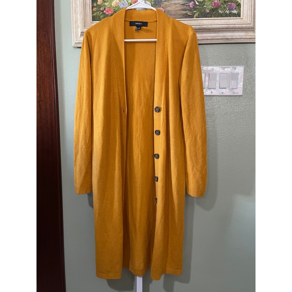 Forever21 Mustard Yellow Long Cardigan Sweater Open front Button Size Small